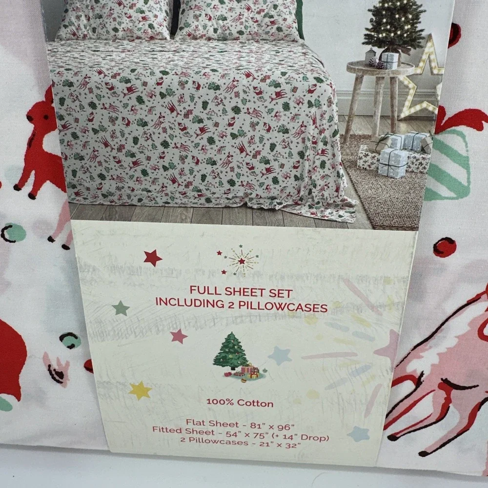Cath Kidston Christmas Full Sheet Set 4 Pc Ditsy Deer Pink London Cotton Percale